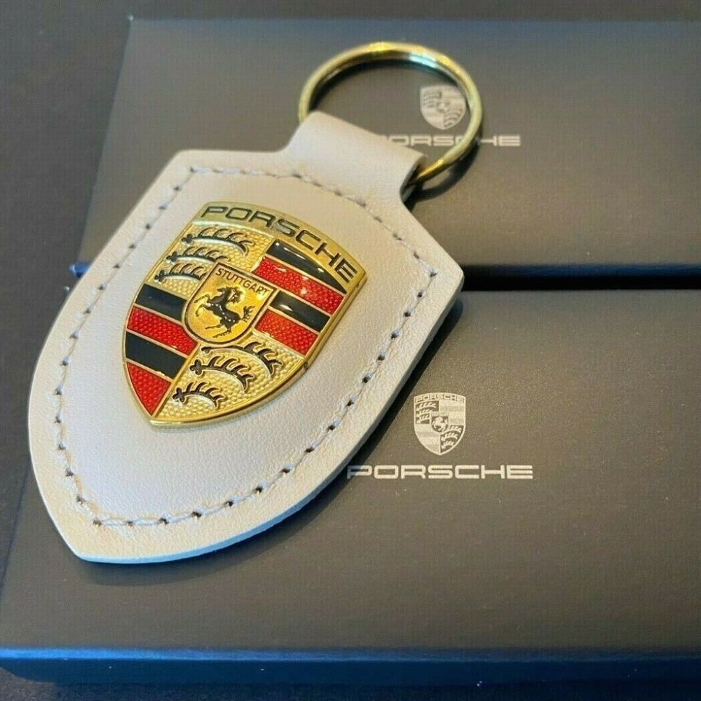 Golden White PORSCHE STUTTGART HOTROD  Leather Crest KeyRing Key Chain